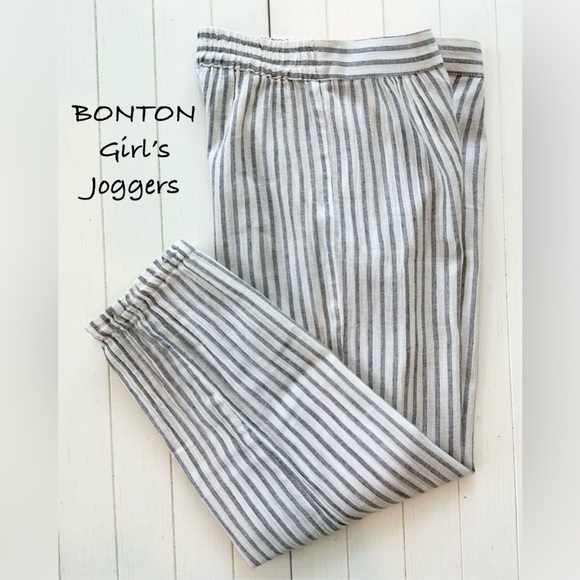 Bonton Other - BONTON Girl’s Cotton Stripped Jogger Trousers Gray/Cream